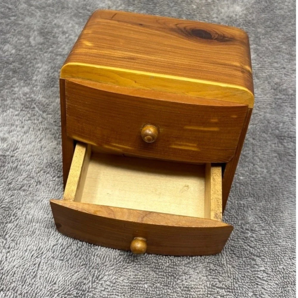Vintage Small Wood Jewelry Box 2 Drawer Mini Trinket Chest 4.5